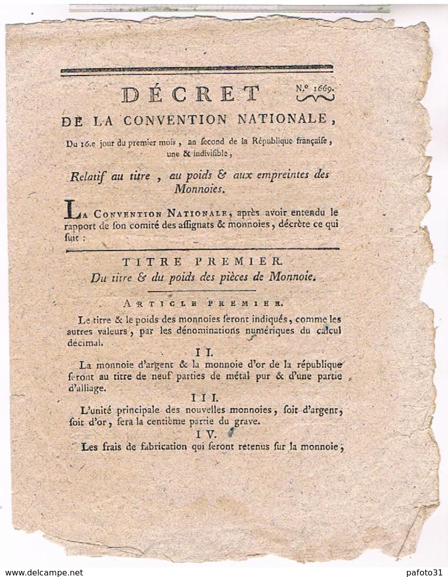 DECRET N°1669 DU 09.10.1793 RELATIF AU POIDS ET EMPREINTE DES MONNOIS      LOI98 - Wetten & Decreten