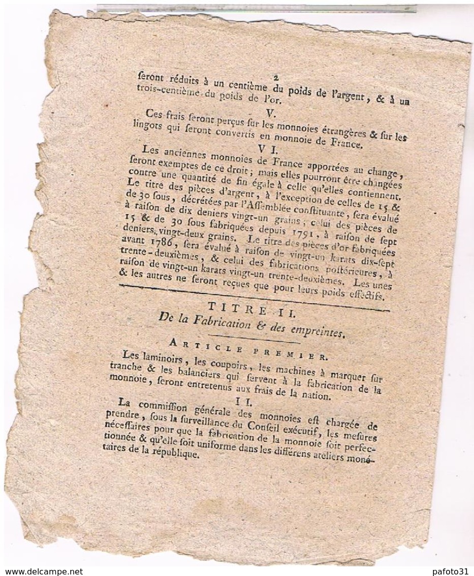 DECRET N°1669 DU 09.10.1793 RELATIF AU POIDS ET EMPREINTE DES MONNOIS      LOI98 - Wetten & Decreten