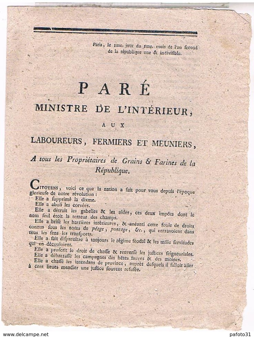 LETTRE 26 10.1793 MINISTRE INTERIEUR  PARE  AUX  LABOUREURS FERMIERS MEUNIERS LOI16 - Documents Historiques