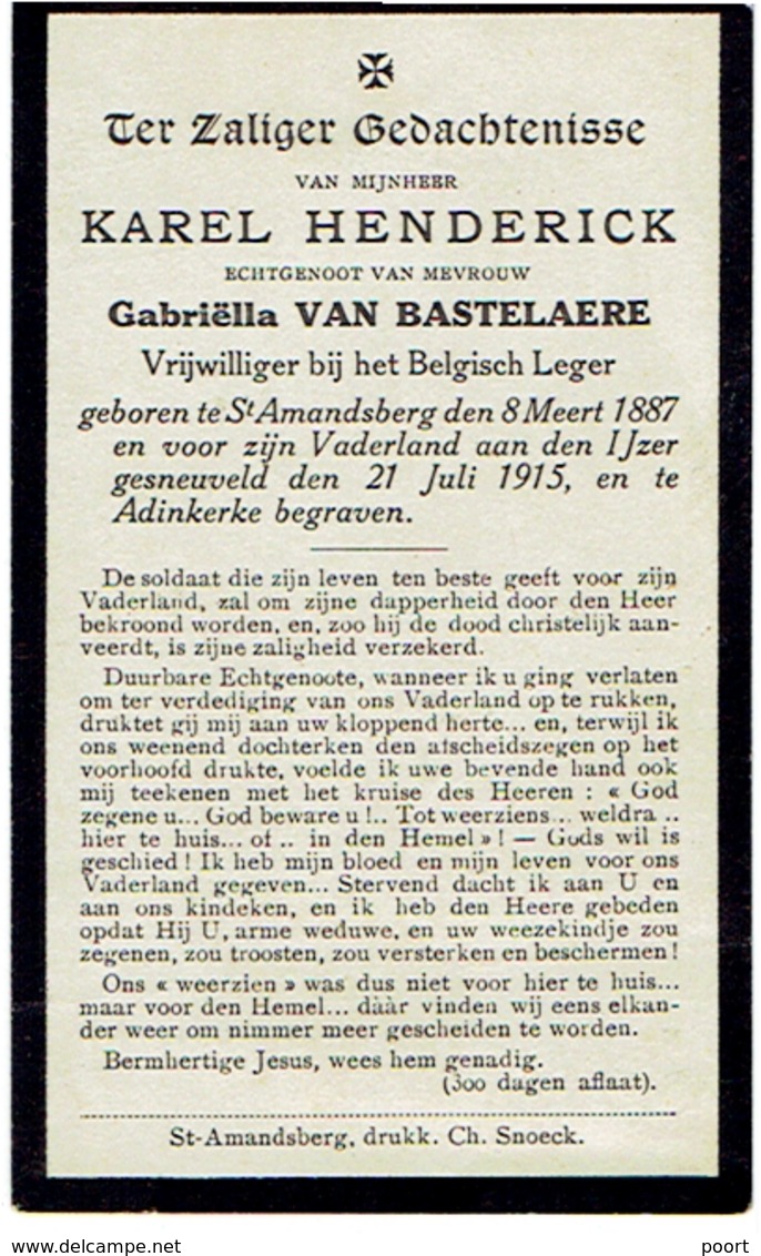 ST. AMANDSBERG - Karel HENDERICK - Vrijwilliger Belgisch Leger - Gesneuveld 1915 Aan De IJZER - 1914-18