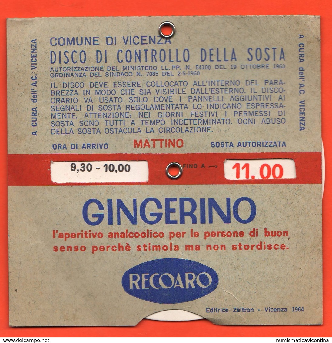 Recoaro Disco Orario Auto Anno 1964  Mattino E Pomeriggio - Voitures