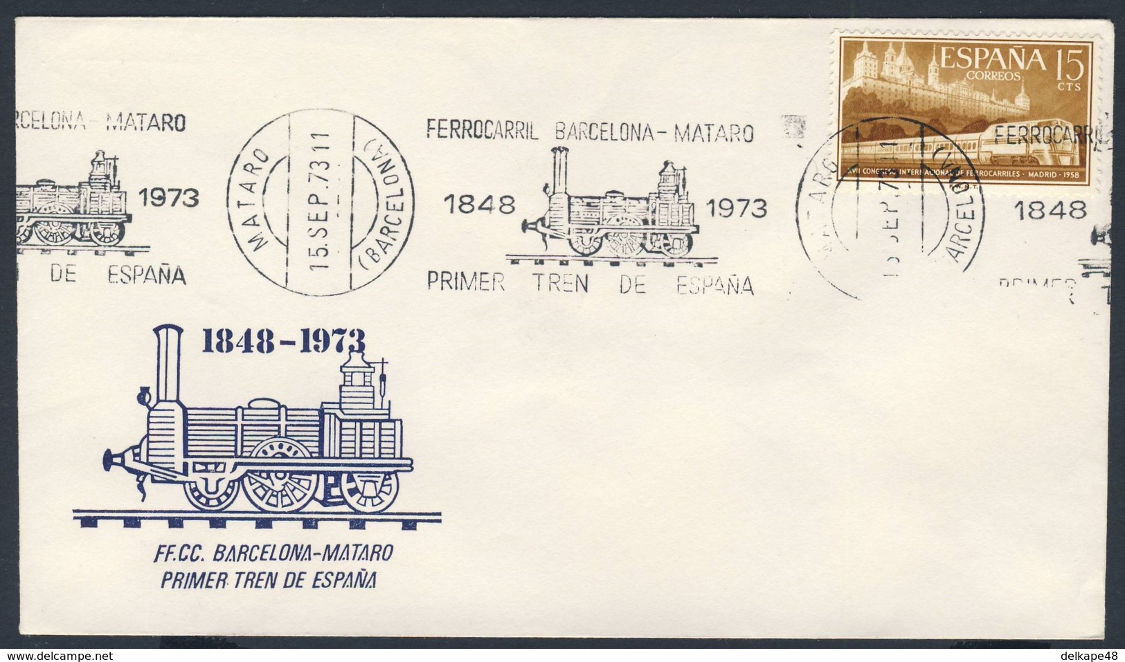 Spain Espana 1973 Cover / Brief / Envelope - 1848-1973 Ferrocarril Barcelona - Mataro, 1. Tren España / Eisenbahn - Trenes