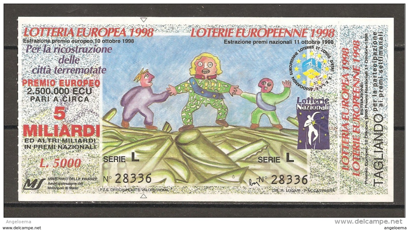 1998 - LOTTERIA EUROPEA - LOTERIE EUROPEENNE Per Città Terremotate Biglietto Con Tagliando Premi Settimanali - Biglietti Della Lotteria