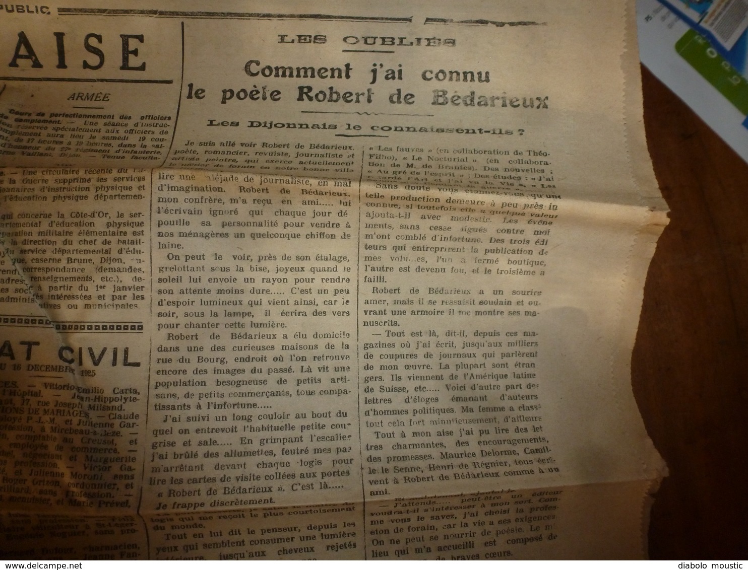 17 Déc.1925:LE BIEN PUBLIC :Comment J'ai Connu Le Poète Robert De Bédarieux(poète-romancier-journaliste-artiste Peintre - Other & Unclassified