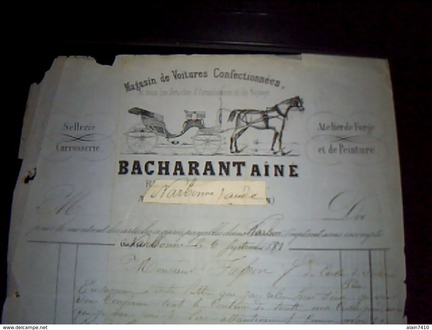 facture TRES ANCIENNE bacharant ainè  magasin de voitures confectionèes a narbonne annèe 1881