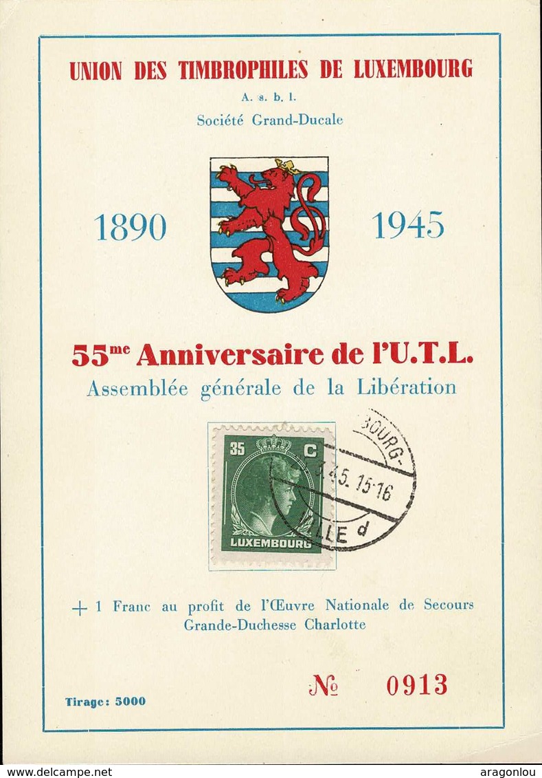 1945: 55e Anniversaire Union Des Timbrophiles Du Luxembourg 1890-1945, Michel:352 - Cartes Commémoratives