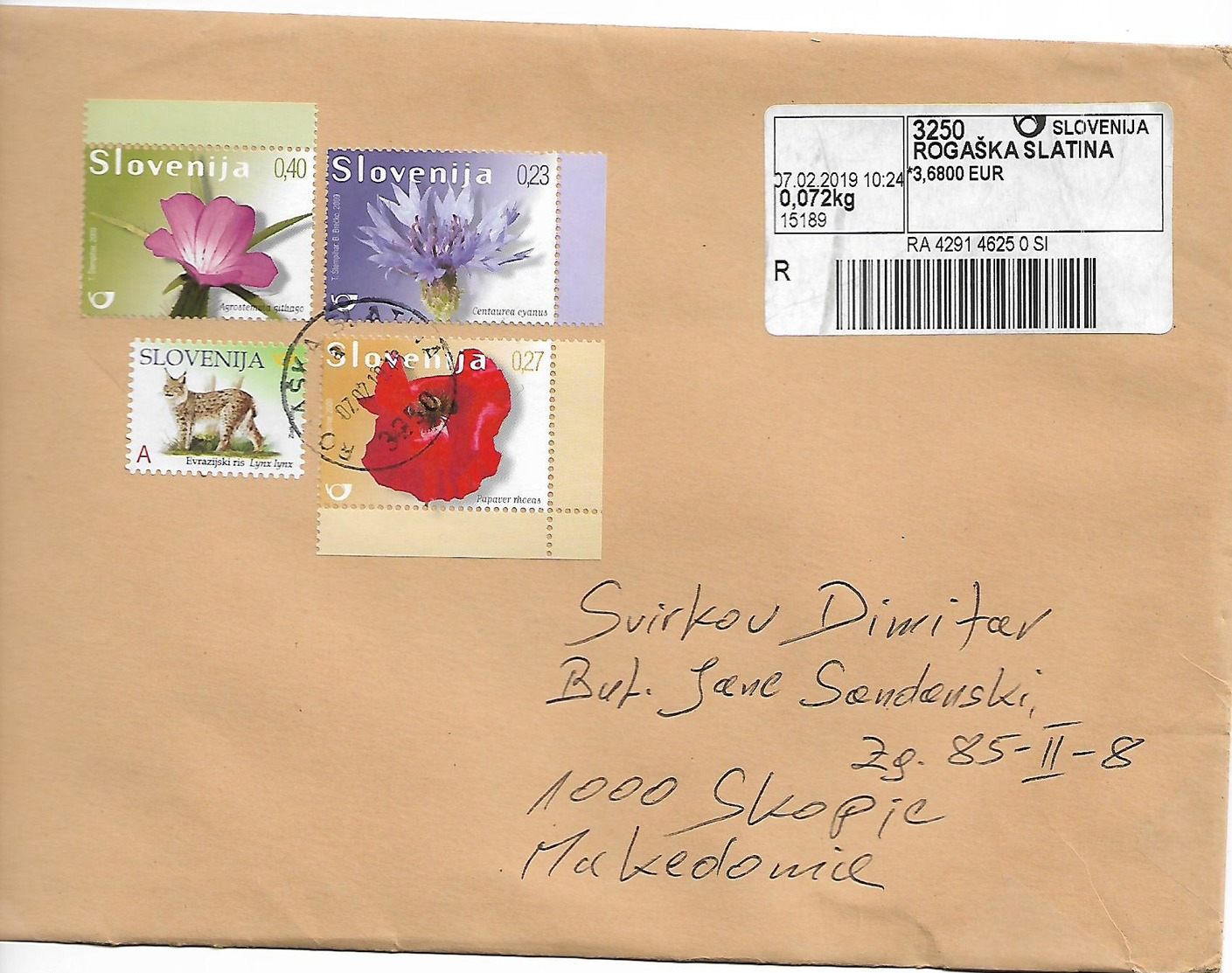 Flover Stamp Recomandet Lettr Send To Macedonia - Slovénie