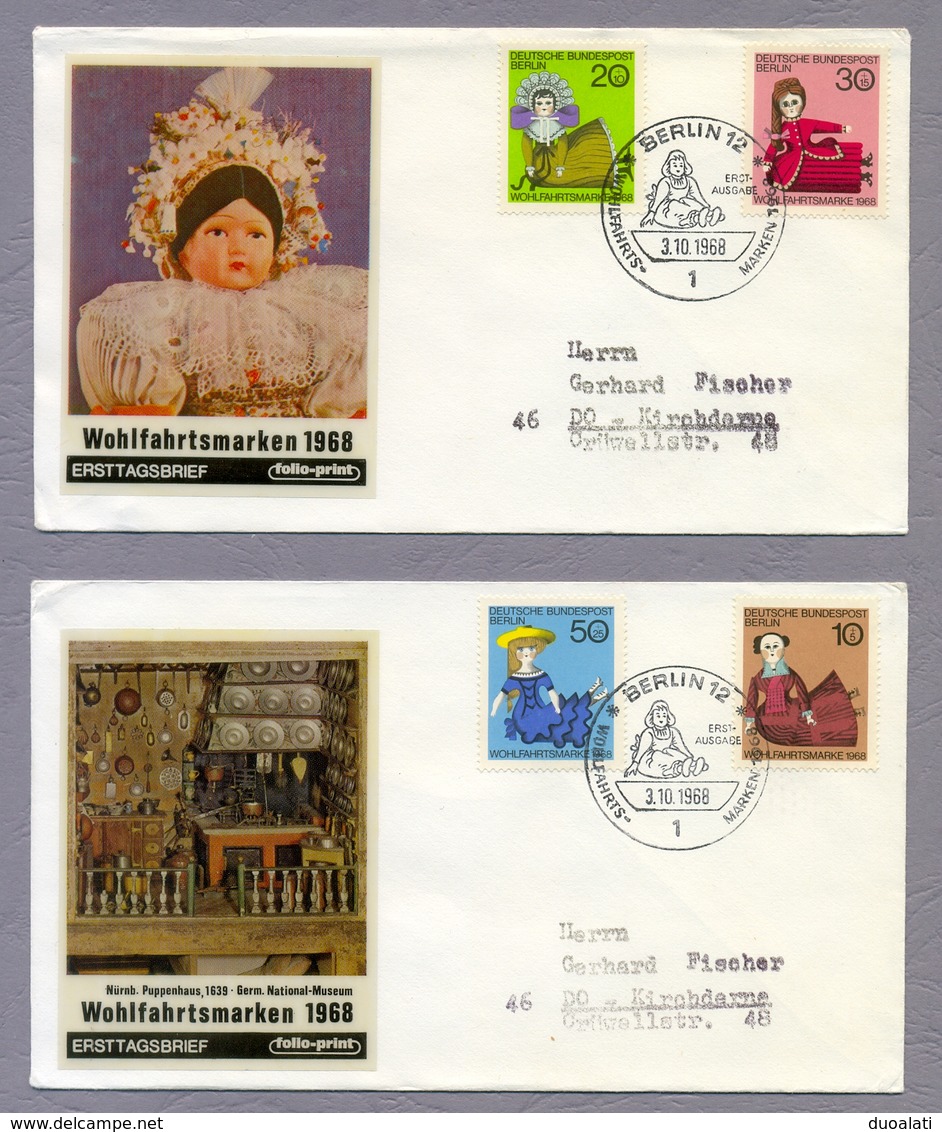 Germany Berlin 1968 2 FDC Wohlfahrt Puppen Toys Dolls Charity Stamps - Marionnettes