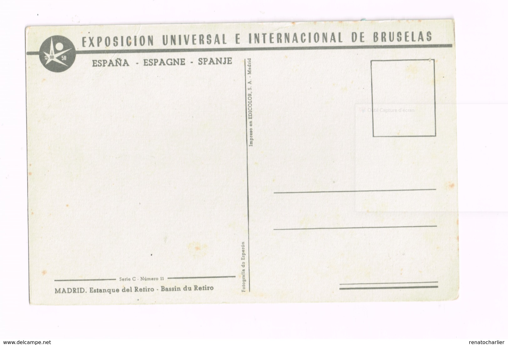 Exposition Universelle De Bruxelles.1958.Madrid.Bassin Du REtiro. - Exposiciones Universales