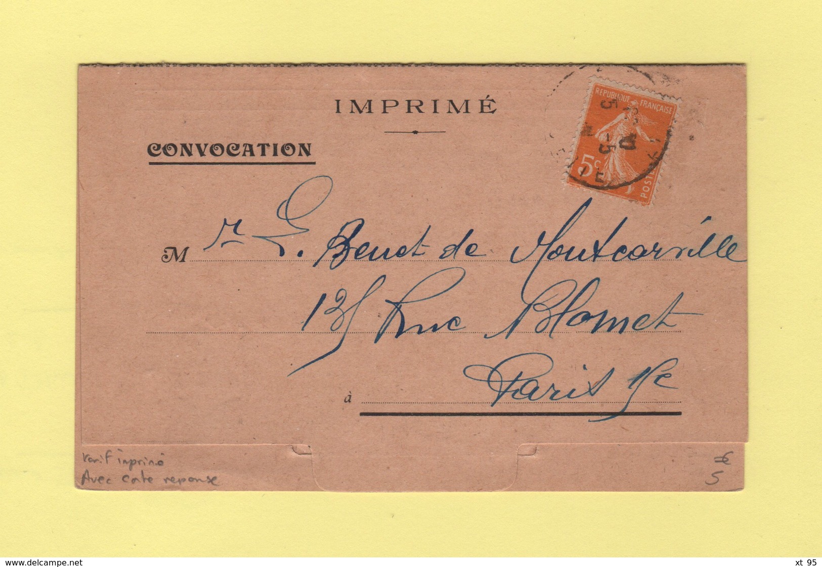 Type Semeuse - 5c Seul Sur Convocation Au Tarif Imprime Avec Carte Reponse - 1923 - 1921-1960: Période Moderne