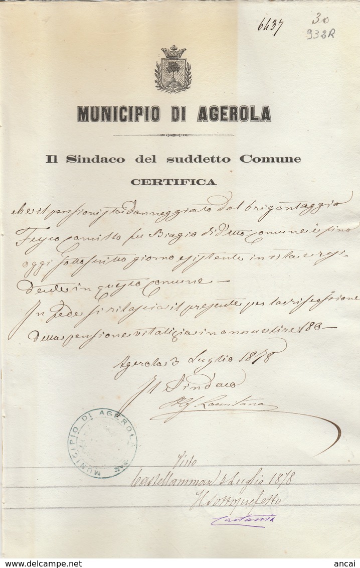 Agerola.1878. Certificato Di Esistenza In Vita E Residenza, Per Pensioni Per "danneggiati Dal Brigantaggio" - Historische Documenten