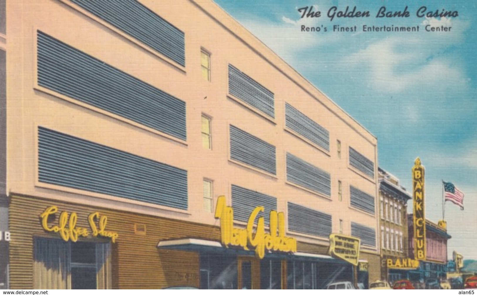 Reno Nevada, Golden Bank Casino, Street Scene Autos, C1950s Vintage Linen Postcard - Reno