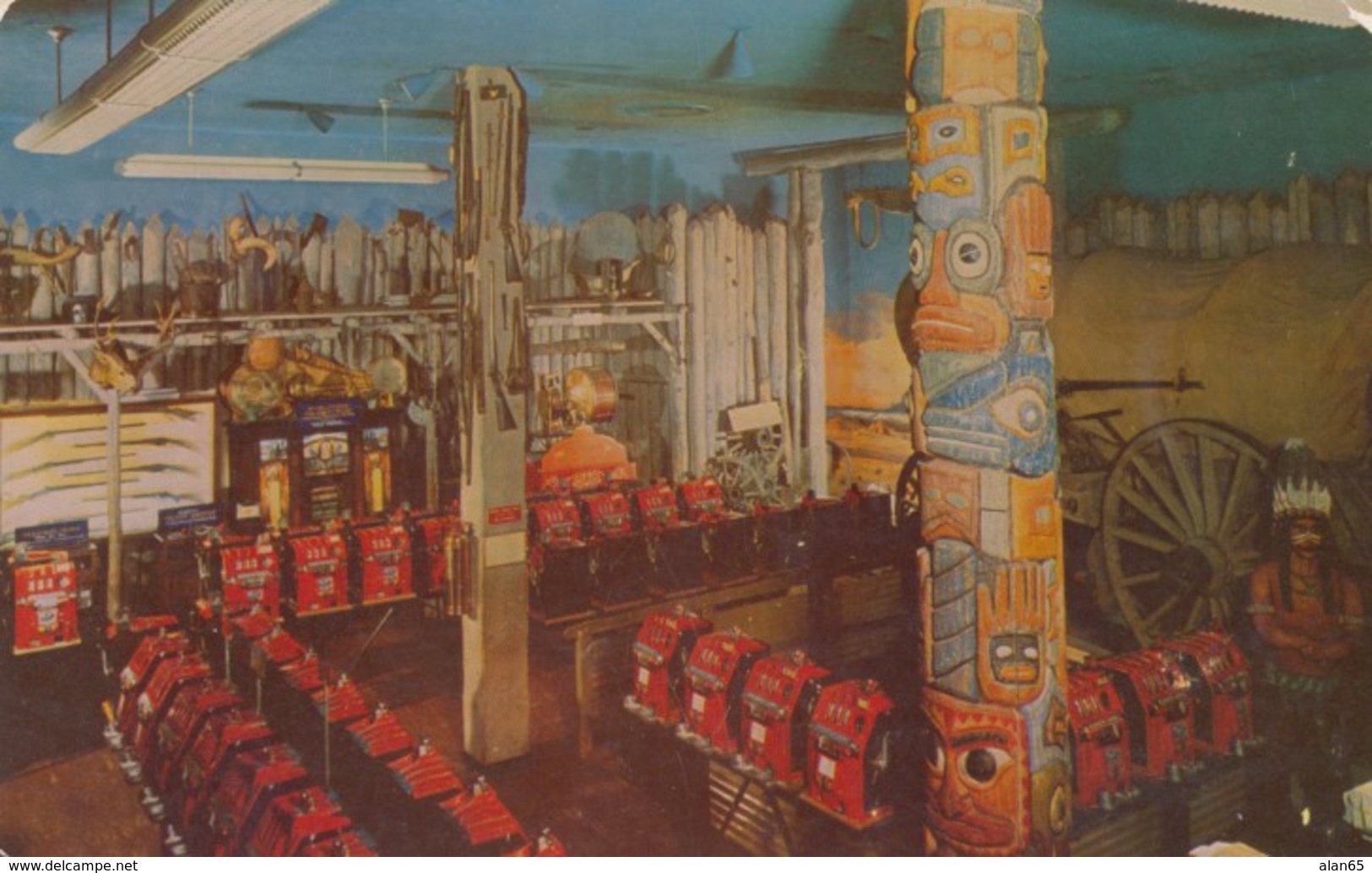 Reno Nevada, Harold's Club Interior View Of 'Fort Smith' Totem Pole Old Slot Machines, C1940s/50s Vintage Postcard - Reno