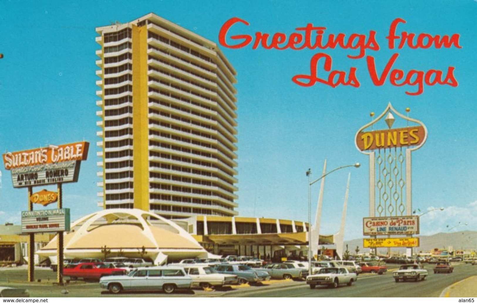 Las Vegas Nevada, Dunes Hotel Sultan's Table Restaurant, Autos On 'The Strip', C1960s Vintage Postcard - Las Vegas
