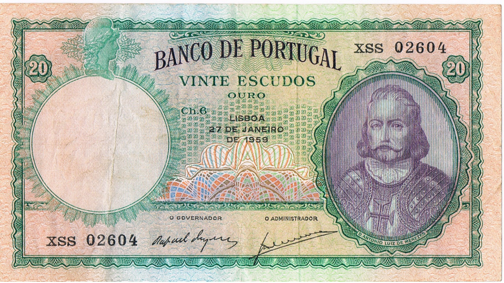 PORTUGAL -20$00 (VINTE ESCUDOS) CH 6 - D.ANTÓNIO LUIS DE MENEZES - Portogallo