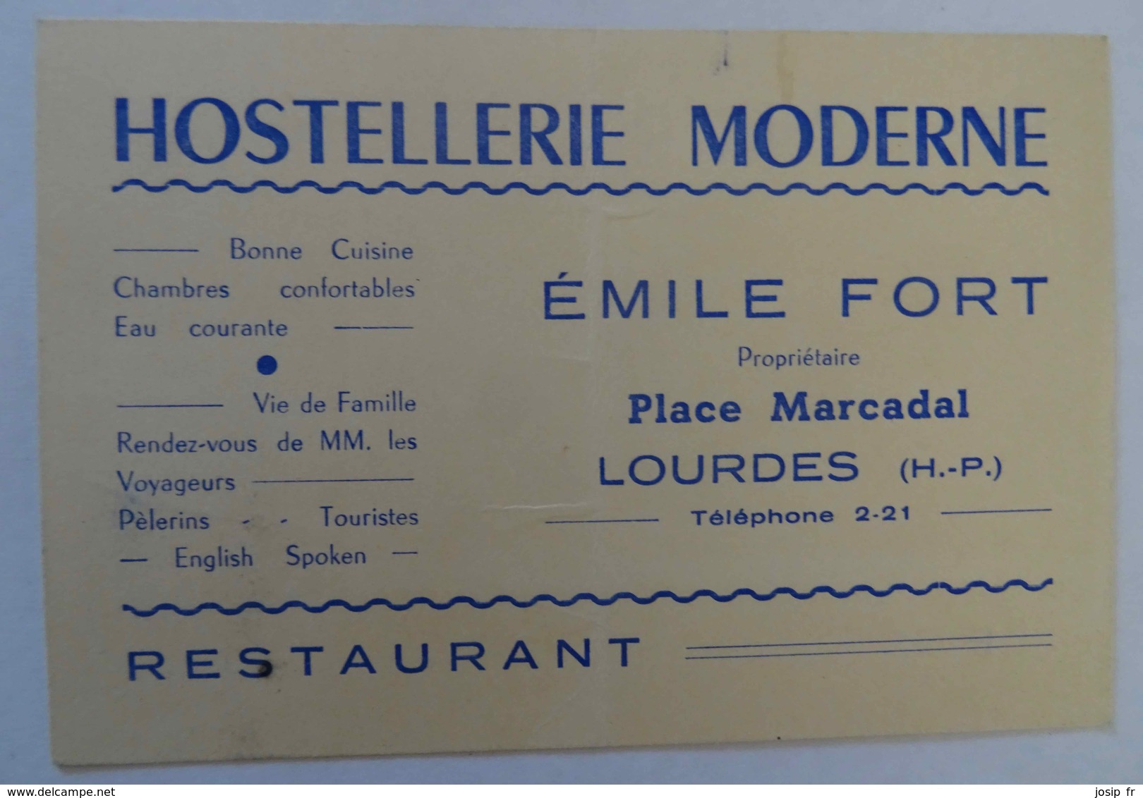 CARTE De L'HOSTELLERIE MODERNE ÉMILE FORT, PLACE MARCADAL, LOURDES - Cartes D'hotel