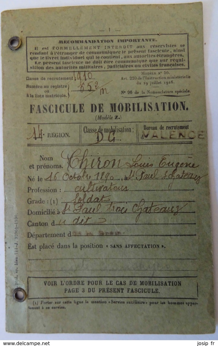 FASCICULE DE MOBILISATION- ENTRE-DEUX-GUERRES- SOLDAT NÉ EN 1890- SAINT-PAUL-TROIS-CHÂTEAUX (DRÔME) - Autres & Non Classés