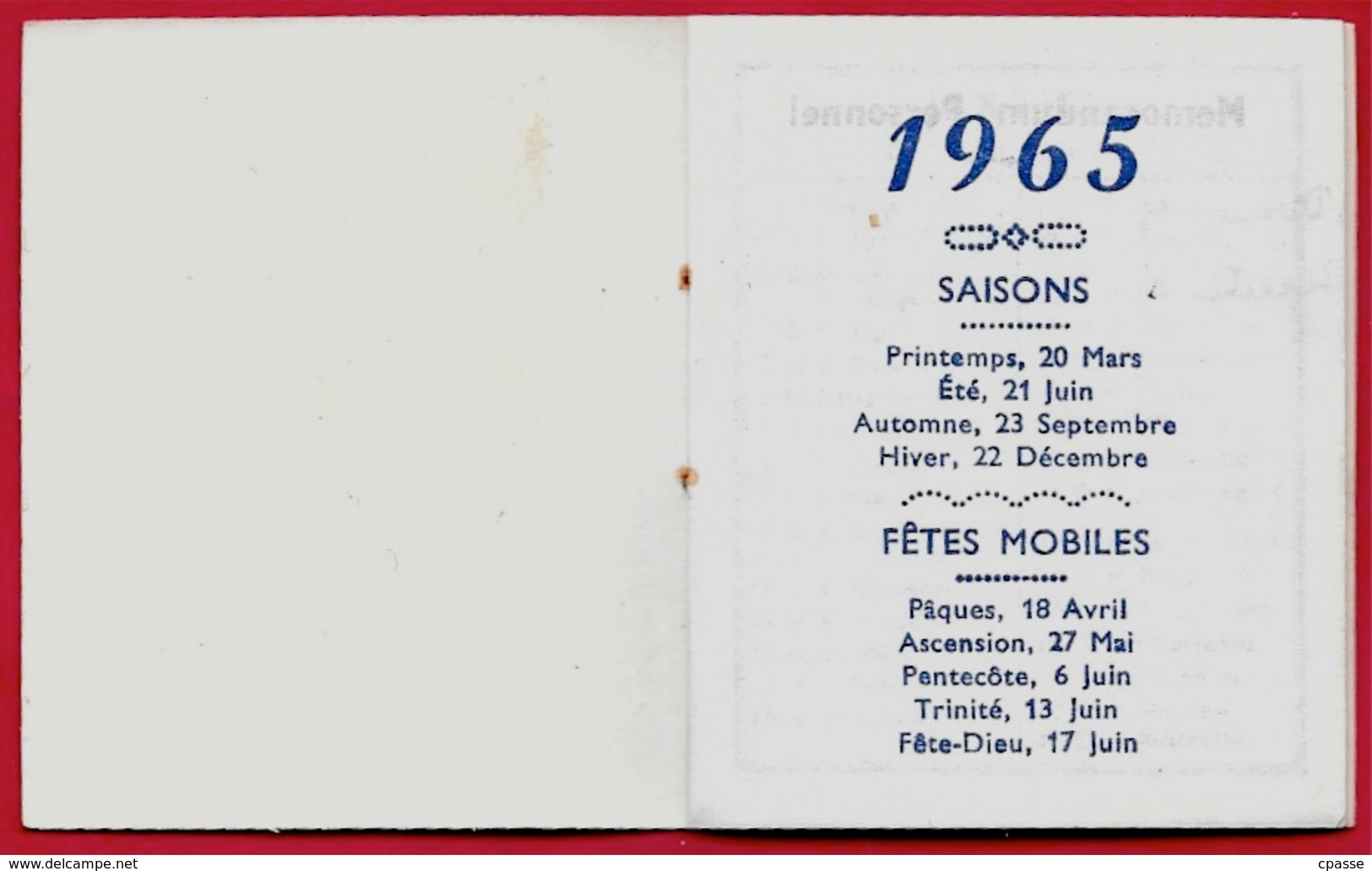 AGENDA Calendrier Petit Format 1965 "OPEL 1909" - Chemiserie Bonneterie Rue Thiers 78 MANTES-La-JOLIE - Petit Format : 1961-70