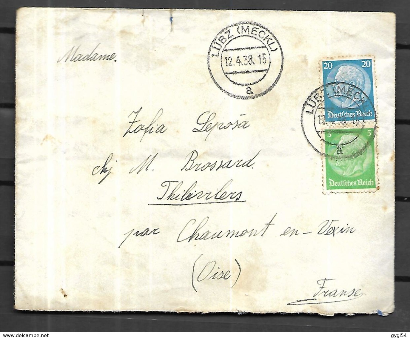 Allemagne   III Reich 1938  Lettre De Lubz  ( Mecklembourg  ) Vers Chaumont En Vexin  Dans L' Oise ) - Lettres & Documents
