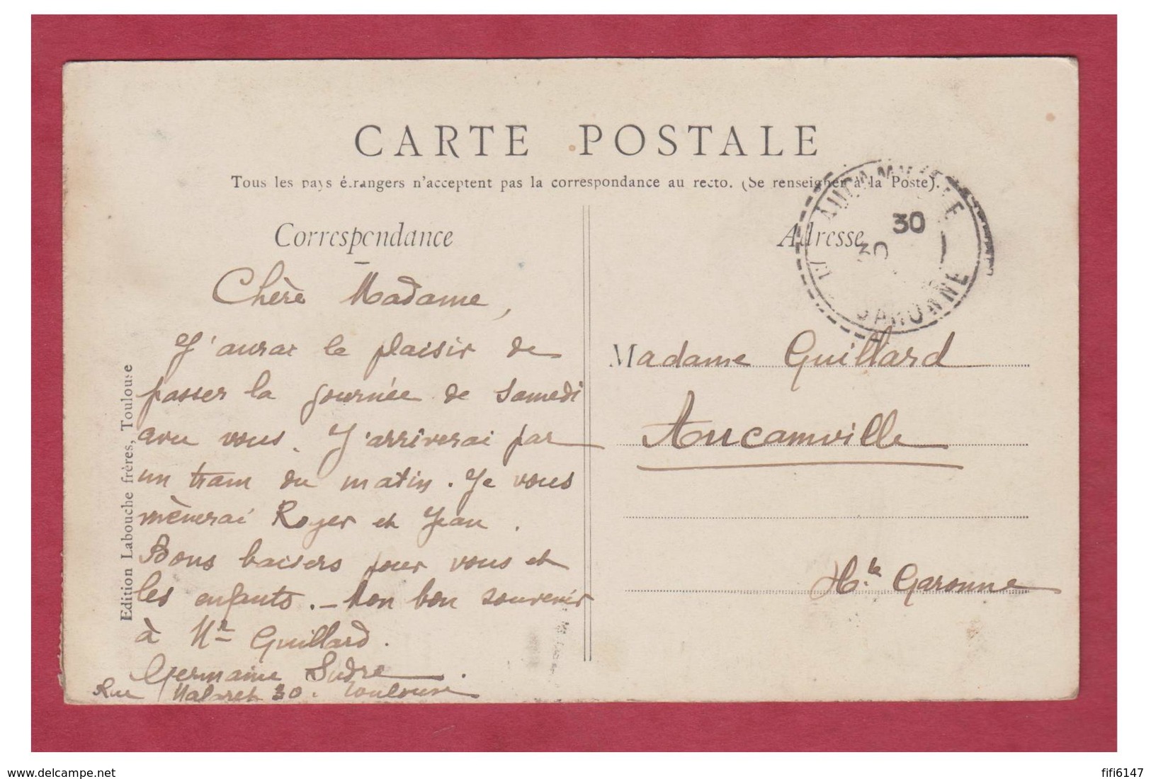 FRANCE -- HAUTE GARONNE --TOULOUSE -- UN BONJOUR DE TOULOUSE-- CP 1910-- - Toulouse