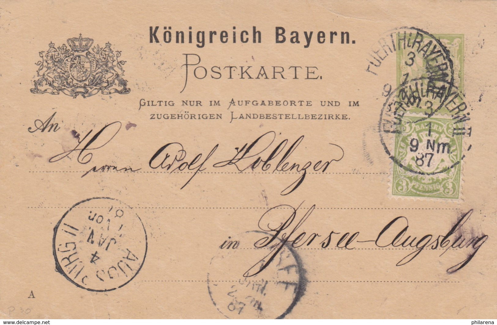 1887: Postkarte Von Fürth Nach Pfersee Bei Augsburg - Sonstige & Ohne Zuordnung