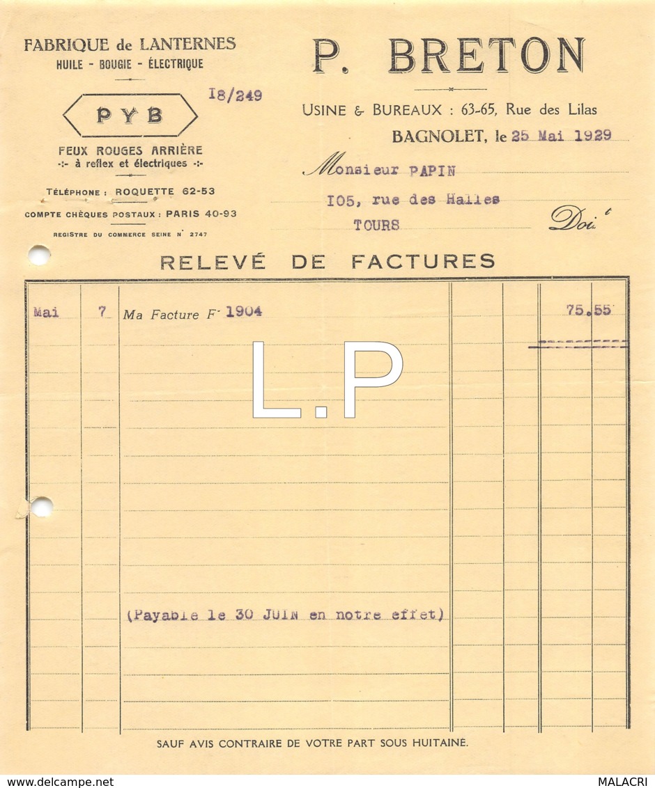 16-0441    1929   FABRIQUE DE LANTERNES P. BRETON A BAGNOLET  - M. PAPIN A TOURS - 1900 – 1949