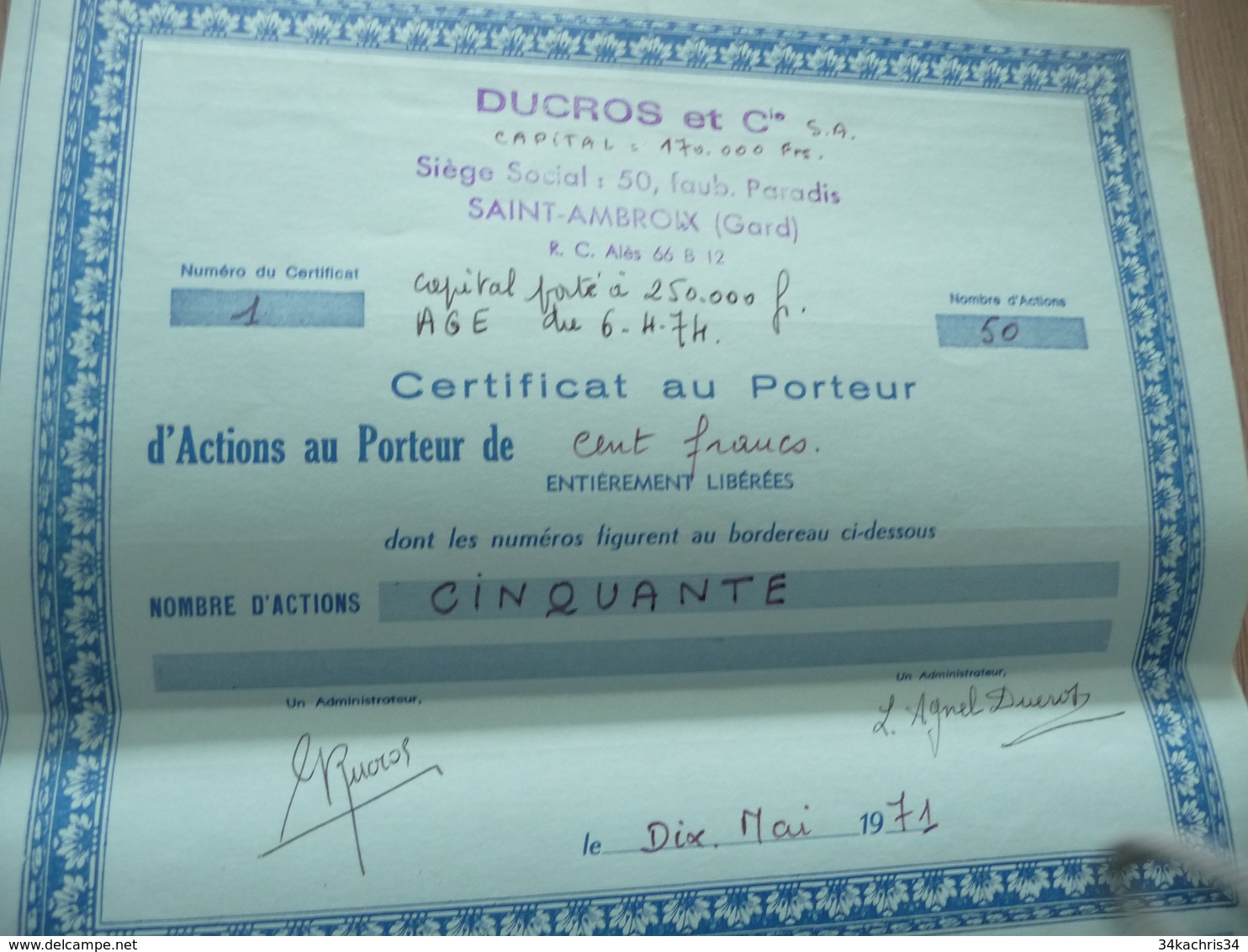 Certificat Action 100 Francs Ducros Saint Ambroix - Agriculture