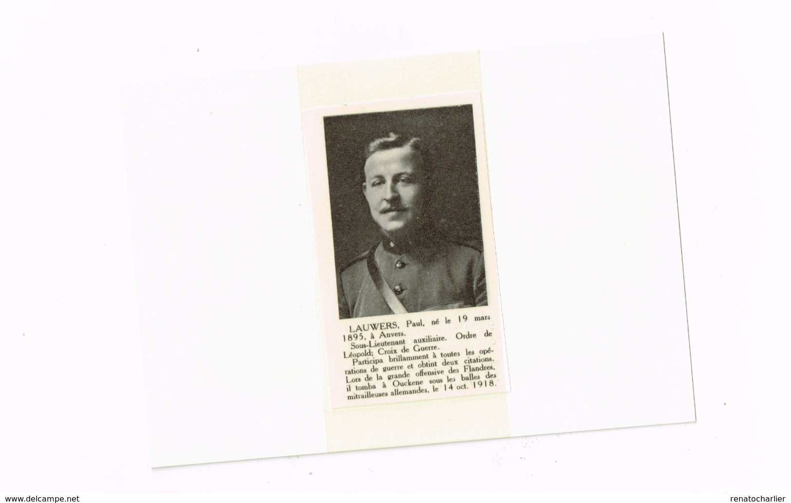Lauwers Paul,sous-lieutenant Auxiliaire.Tomba à Oukene Le 14.10.1918.Militaria WWI. - Autres & Non Classés