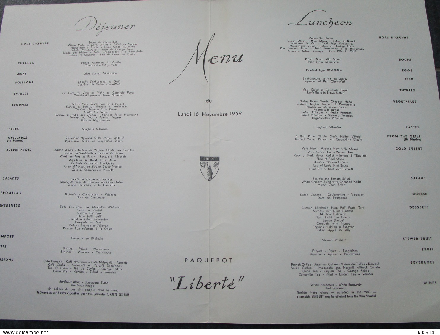 Paquebot "LIBERTE" De La Compagnie Générale Transatlantique - Menu Du 16 Novembre 1959 (Sur Le Pont D'Avignon) - Andere & Zonder Classificatie