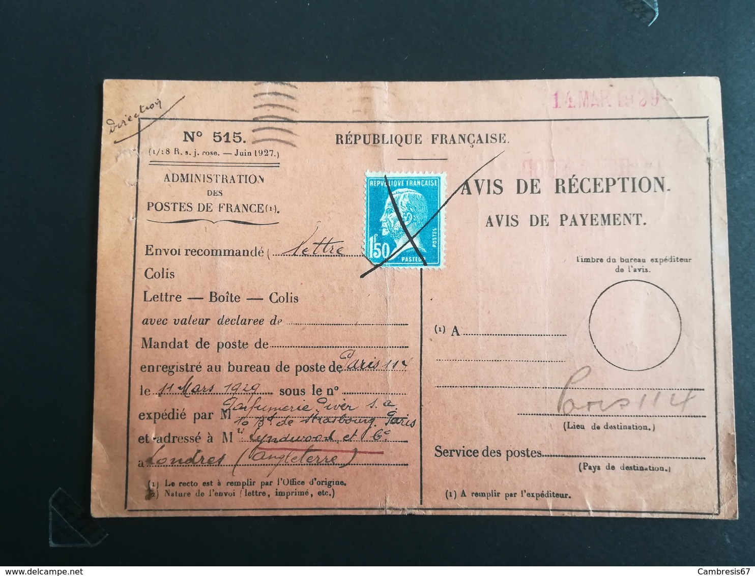 Avis De Réception 1929 - 1921-1960: Période Moderne