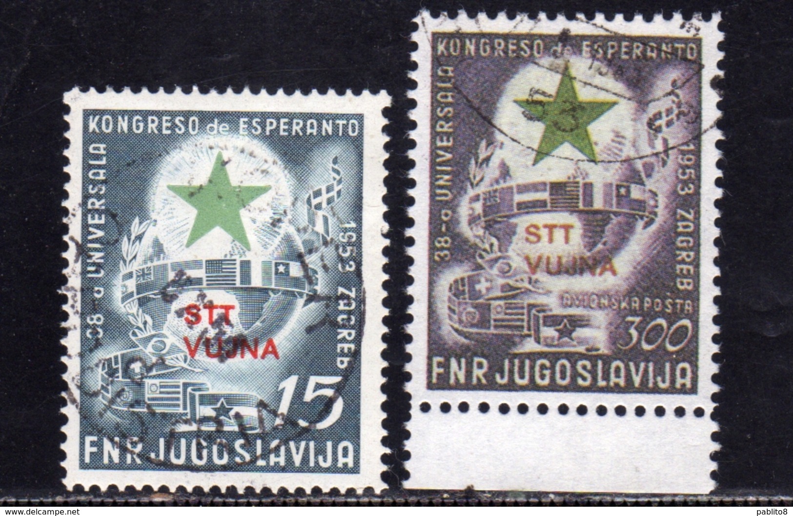 TRIESTE B 1953 CONGRESSO D'ESPERANTO D 15 + 300d SERIE COMPLETA COMPLETE SET USATA USED OBLITERE' - Afgestempeld