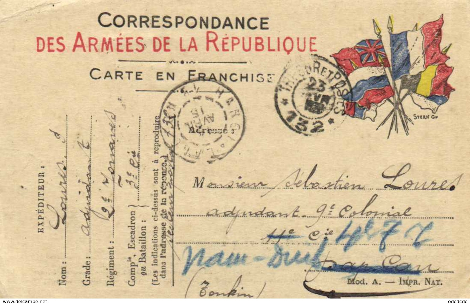 Correspondance Des Armées De La Republique Carte En Franchise 2e Zouvzs 3e Cie TP 132 Vers Tonkin RV - Autres & Non Classés