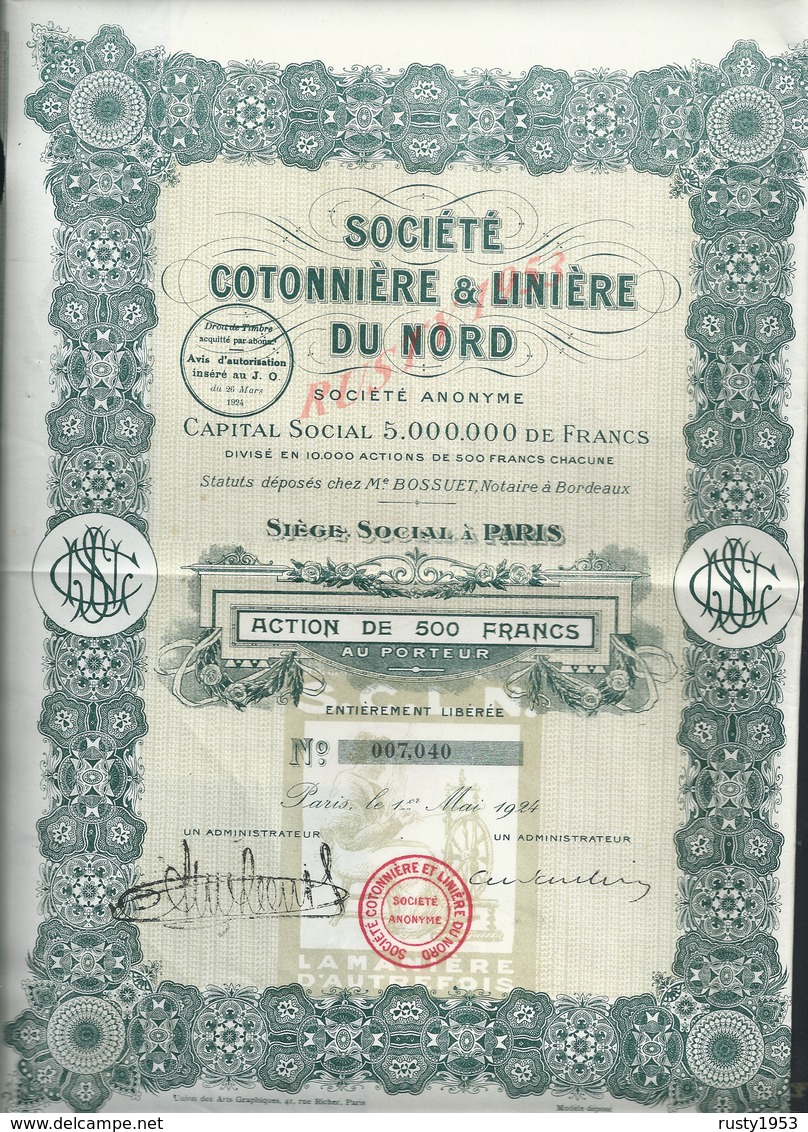 ACTION SOCIÉTÉ COTONNIÈRE & LUNIÈRE DU NORD : - Textile