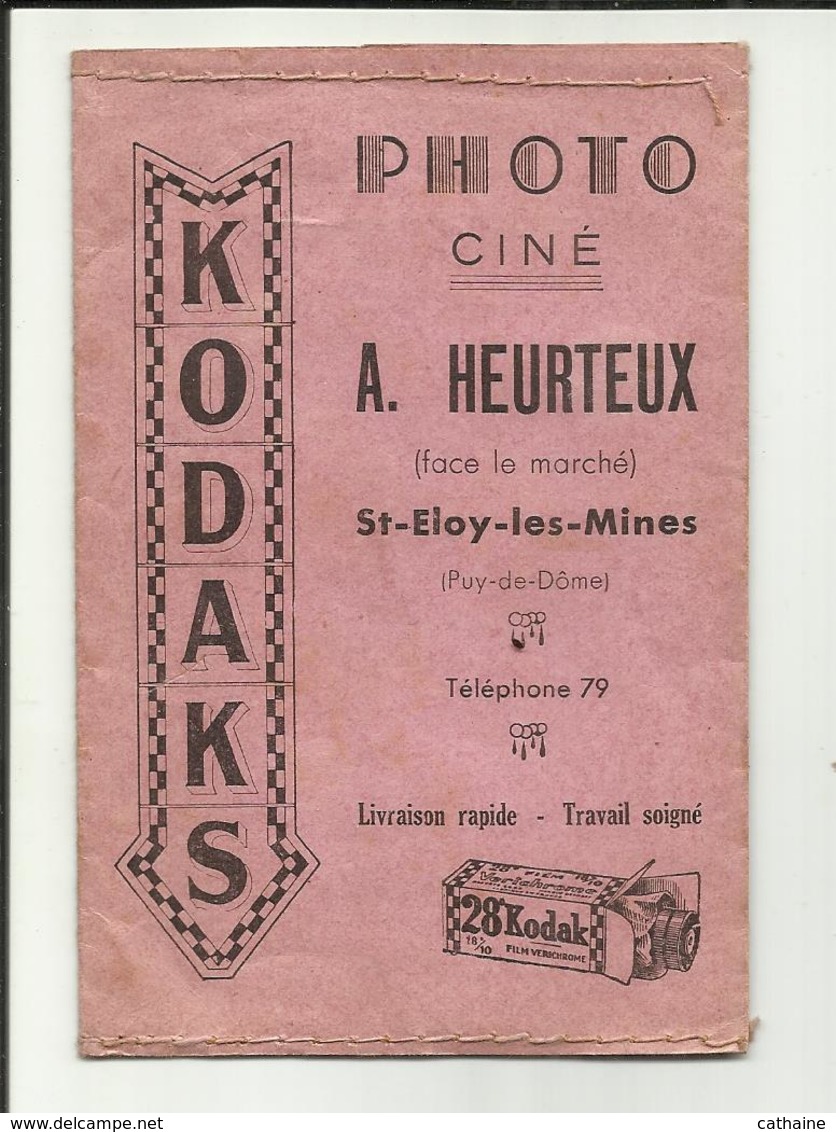 63 . SAINT ELOY LES MINES . POCHETTE POUR PHOTOGRAPHIE STUDIO  " A. HEURTEUX " KODAKS . 1946 - Matériel & Accessoires