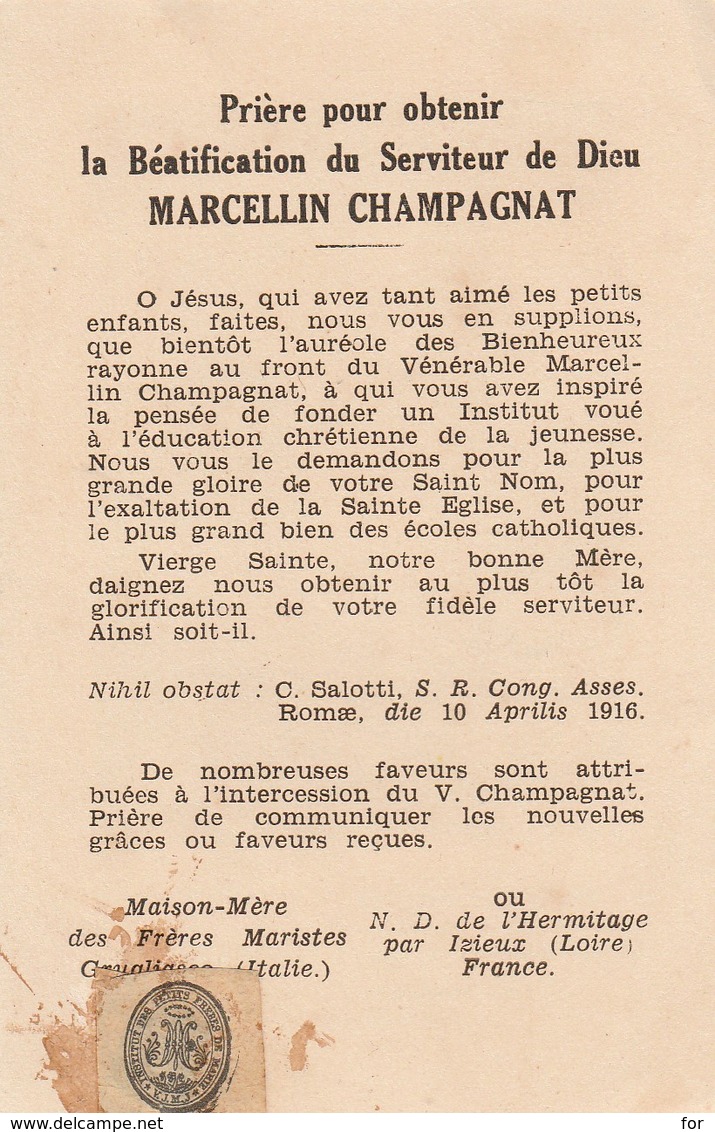 Images Religieuses : Vénérable Marcellin CHAMPAGNAT - Fréres Maristes  ( 11cm X 7cm ) - Images Religieuses