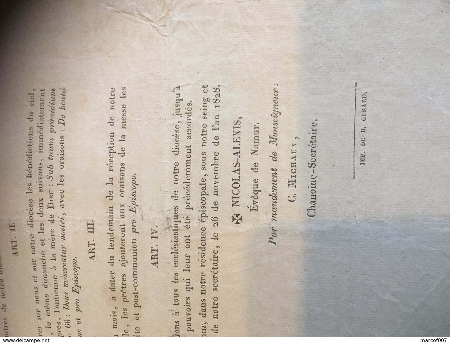Lettre Pastorale Accueil Diosece De Nicolas Alexis Ondernard 1828 Namur - Diploma's En Schoolrapporten