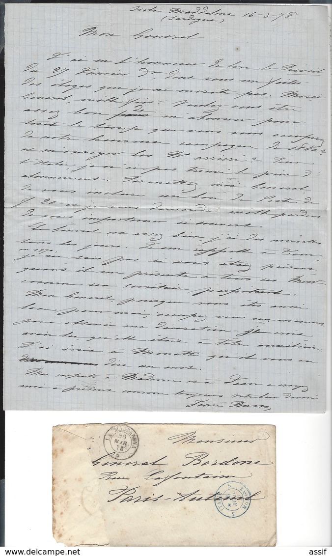 JEAN  BASSO ( Secrétaire Garibaldi ) 5 Lettres 1877/78 à Bordone ( + Copie à Basso ) Maddalena Cad Bastia Italie 1878 - Autres & Non Classés