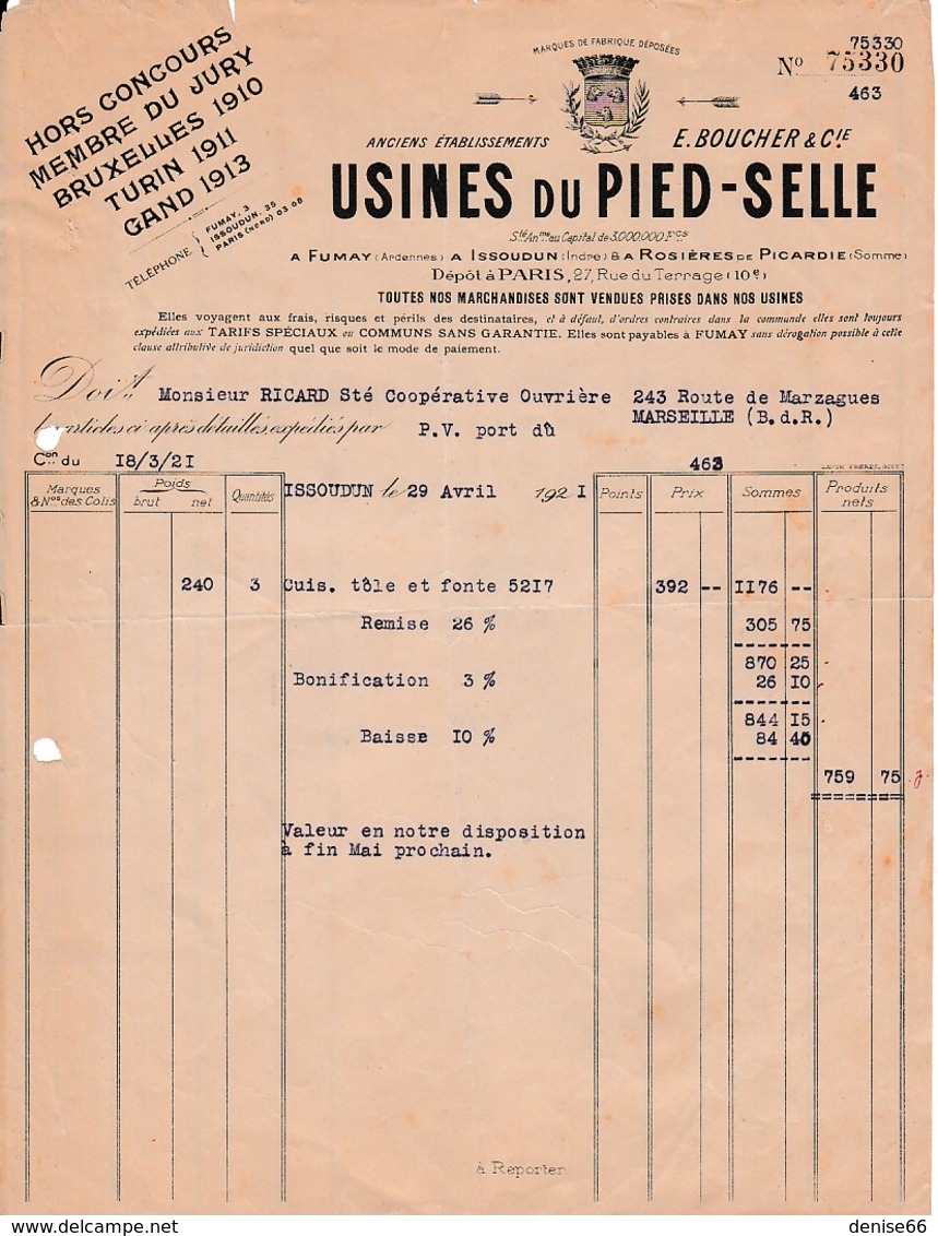 1921 - ISSOUDIN - USINES Du PIED-SELLE - - Historical Documents