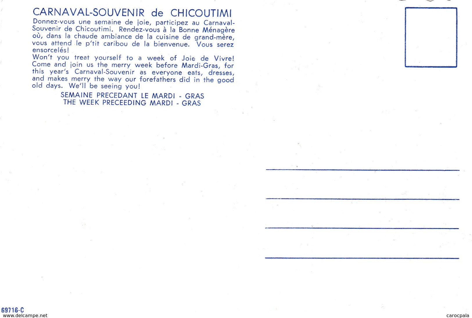 Carte 1960 CARNAVAL SOUVENIR DE CHICOUTIMI - Chicoutimi