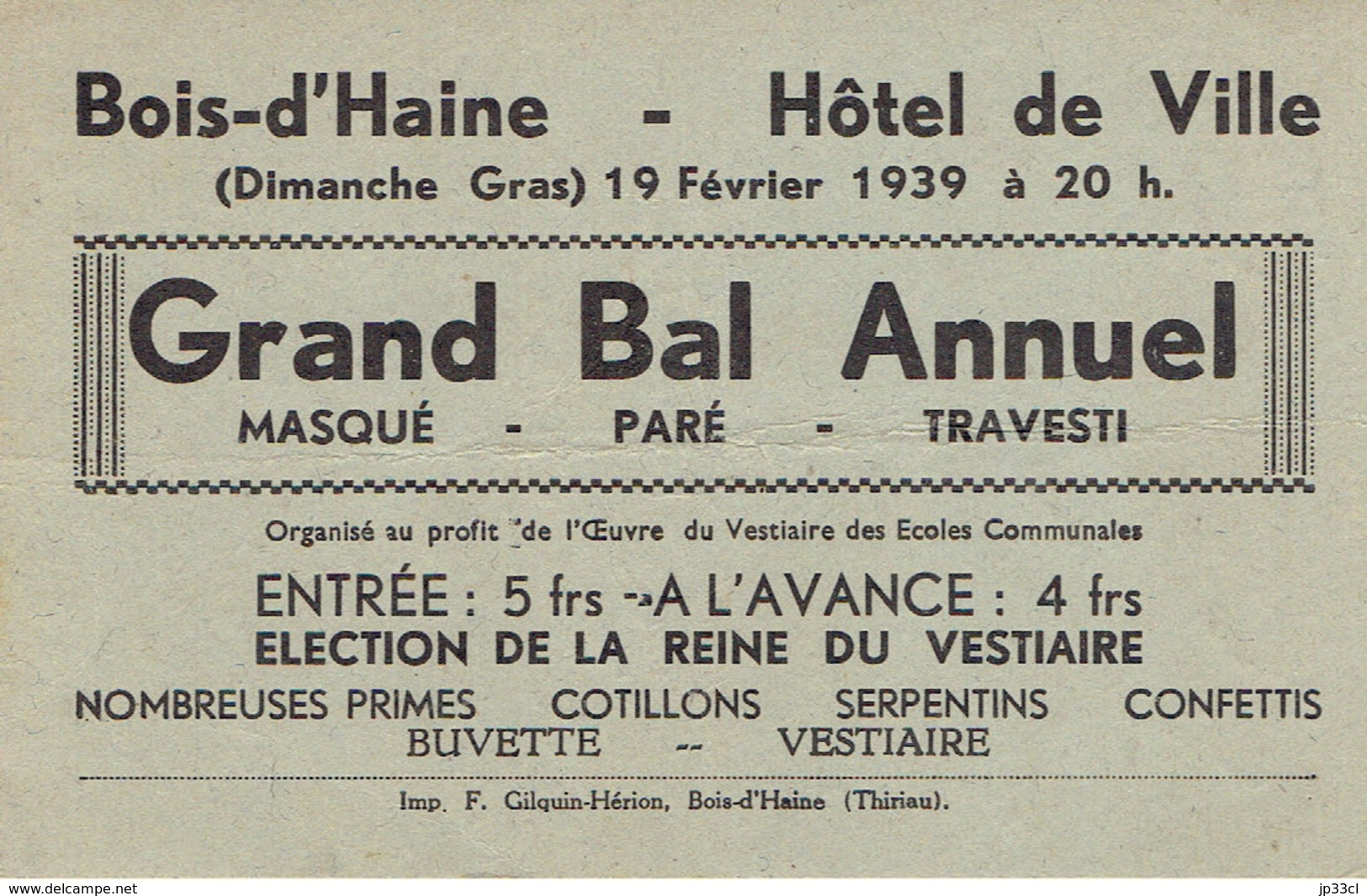 Bois-d'Haine Invitation Au Grand Bal Annuel De L'oeuvre Du Vestiaire (19/2/1939) - Programma's