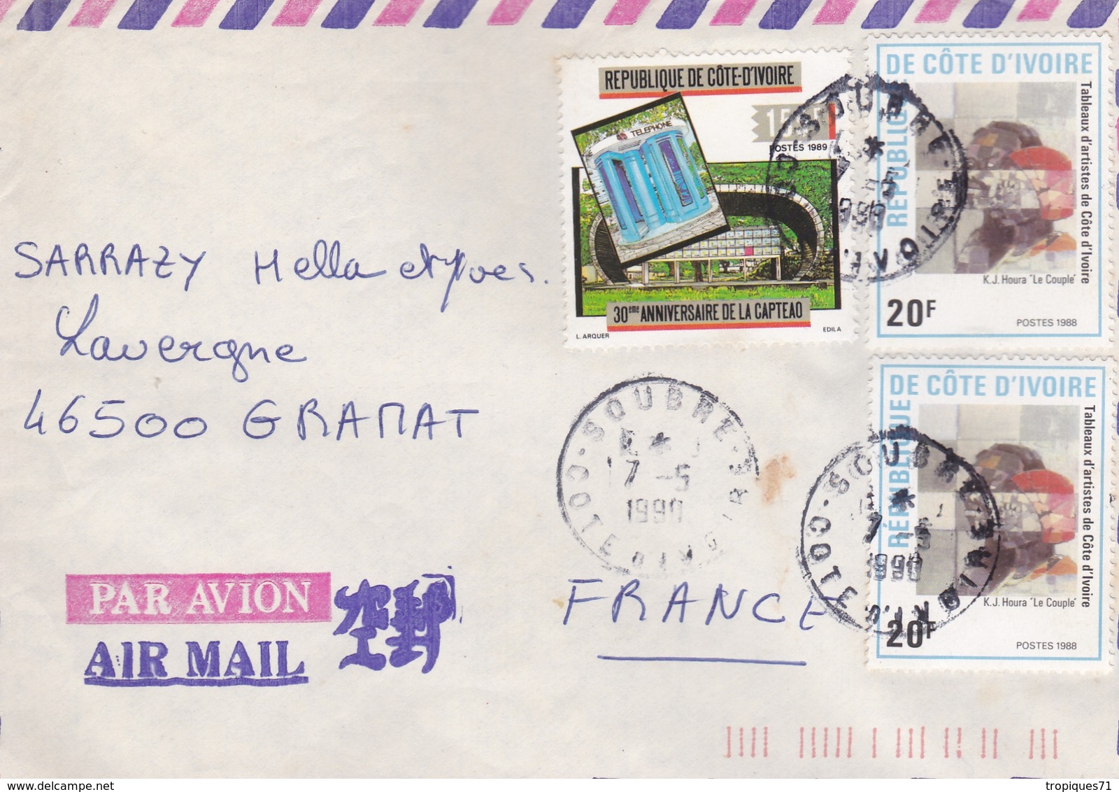 AFRIQUE COTE D'IVOIRE LETTRE PAR AVION EN 1990 - Costa D'Avorio (1960-...)