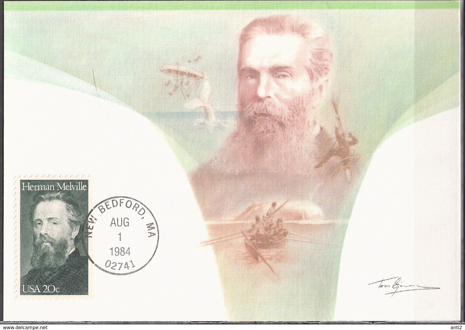 USA 1984 Herman Melville Writer (1819-1891), Boat, Whale, Parashute Mi 1703 Maximum Card - Esposizioni Filateliche