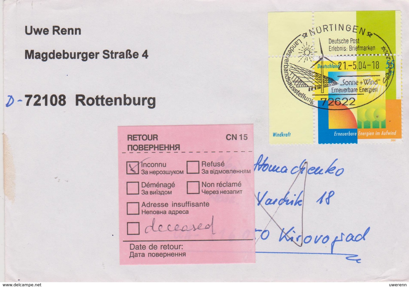 Deutschland 2004: Erneuerbare Energien (Renewable Energy) Mi 2378 Mit Passendem SSt., Retourbrief Deutschland - Ukraine - Protection De L'environnement & Climat