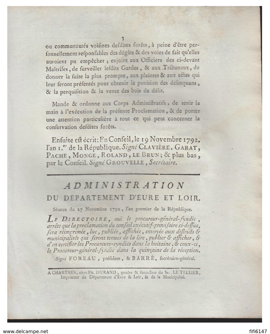 19 Nov 1792--Proclamation Au Nom De La République Francaise--Protection Des Forêts Constituant La Liste Civile--3 Pages - Décrets & Lois