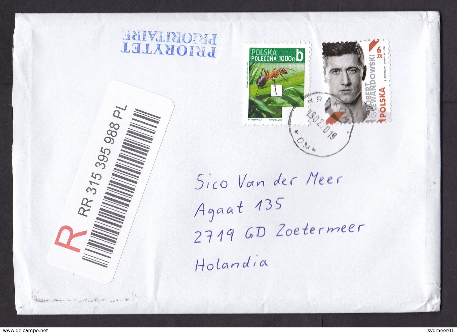 Poland: Registered Cover To Netherlands, 2019, 2 Stamps, Robert Lewandowski, Soccer Player, Ant, Insect (traces Of Use) - Brieven En Documenten