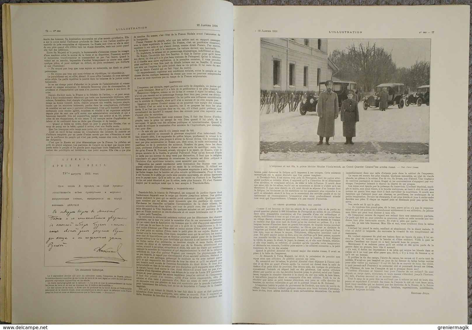 L'Illustration 3803 22 janvier 1916 Tsar Nicolas II/Russie/Salonique/Cercueil général Serret/Avion Ilya Mourometz/Marins