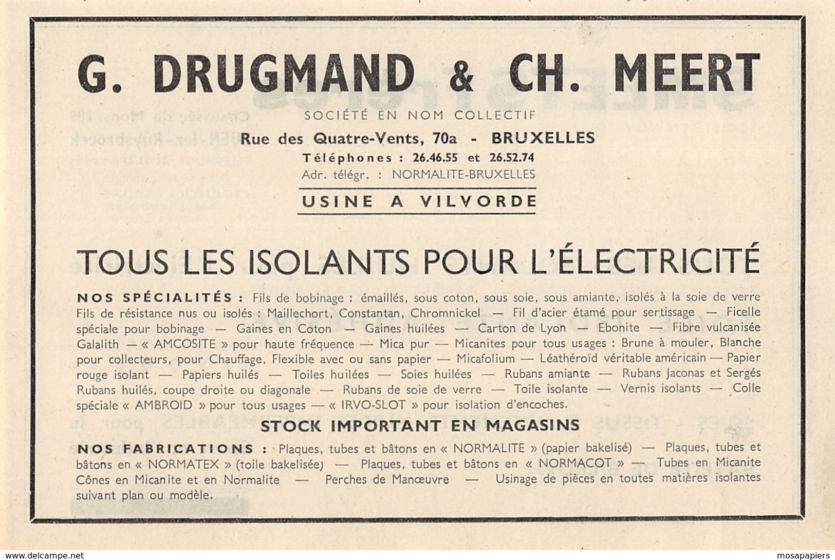 1947 - BRUXELLES-VILVORDE - Isolants Electriques - G. DRUGMAND & Ch. MEERT - Dim. 1/2 A4 - Advertising