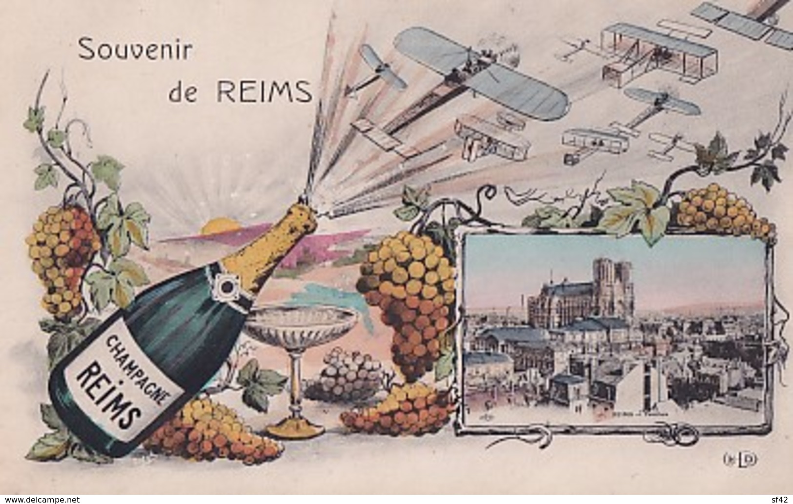 SOUVENIR DE REIMS    BOUTEILLE DE CHAMPAGNE  + AVIONS +1 VUE - Reims