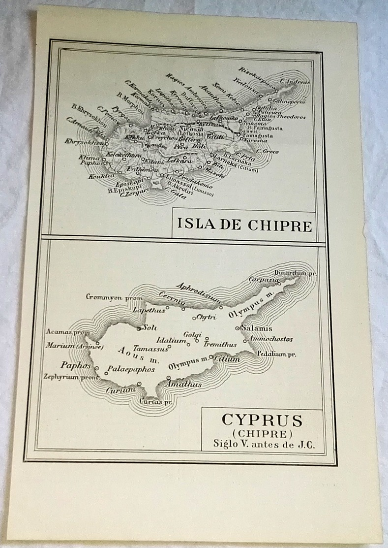 Antiguo Mapa Extraído De Libro - Isla De Chipre, Cyprus - 24,5x16cm - Carte Geographique