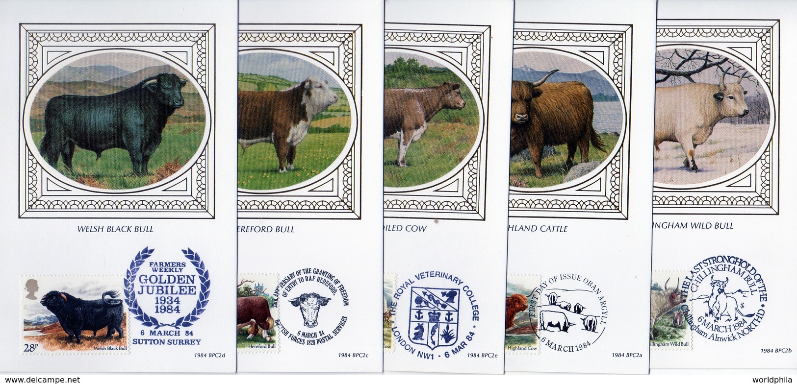 Uk 1984 Benham Silk Cattle, Bull, Cow Set Of 5 FD Maximum Cards / Postcards - Farm